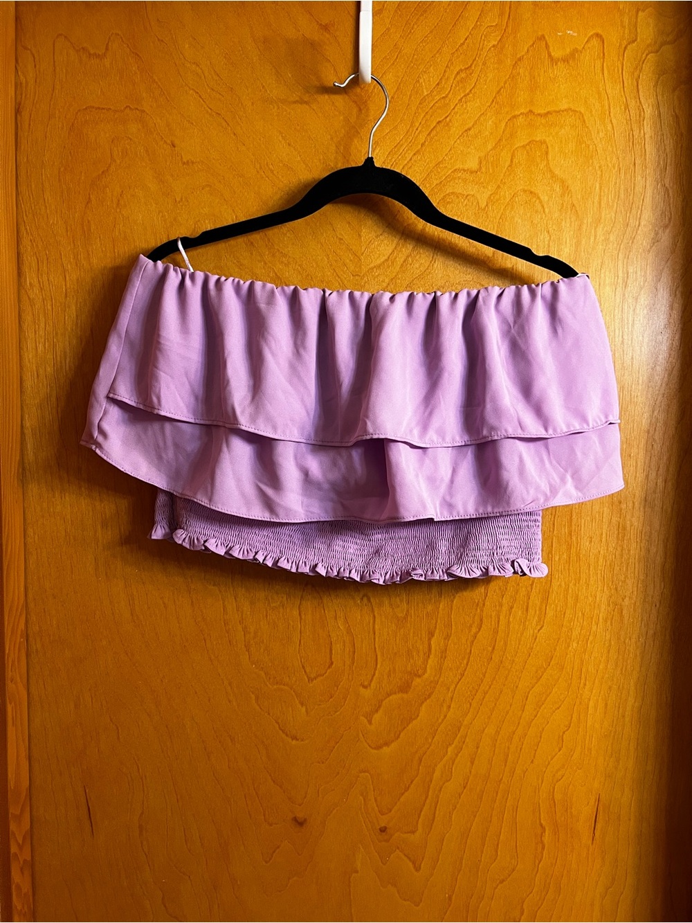 1. State Lilac Off-Shoulder Ruffle Crop Top